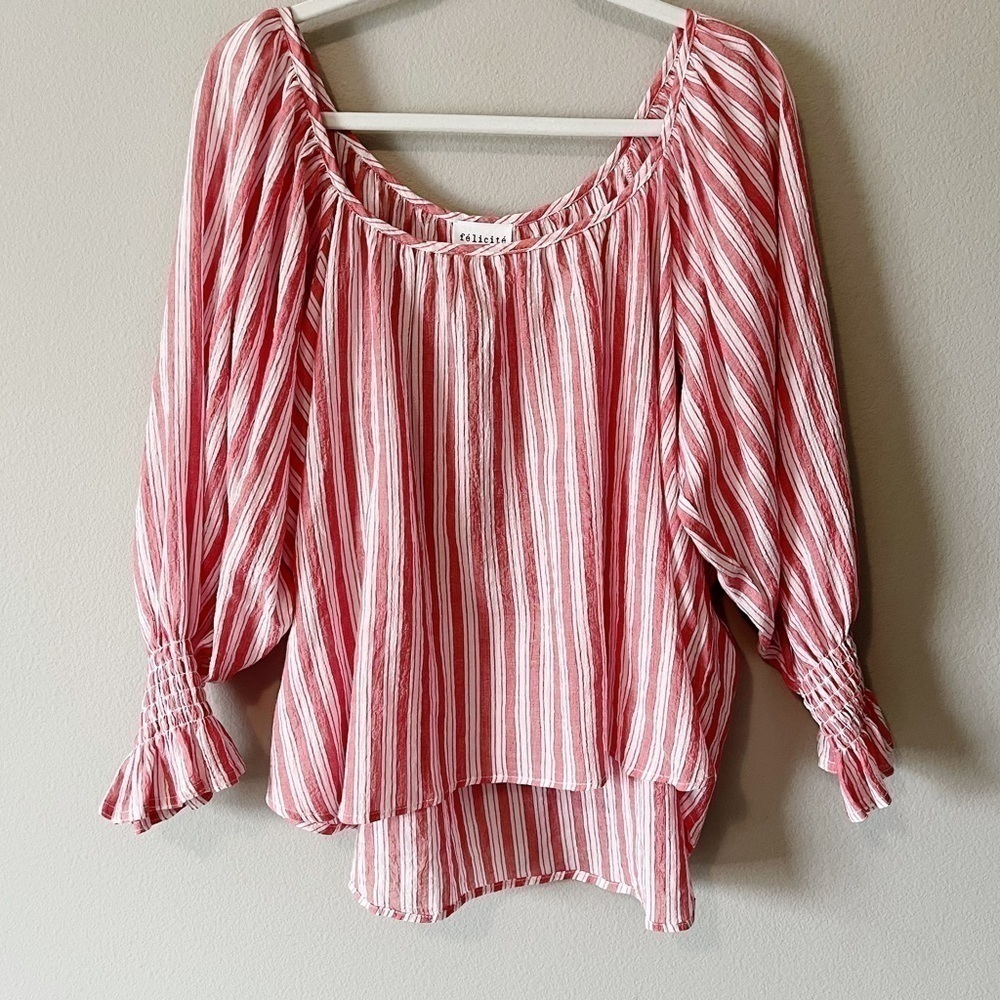 Felicite NWT Striped Cotton Smocked Sleeve Blouse Sz 4 Red Cottagecore Nautical